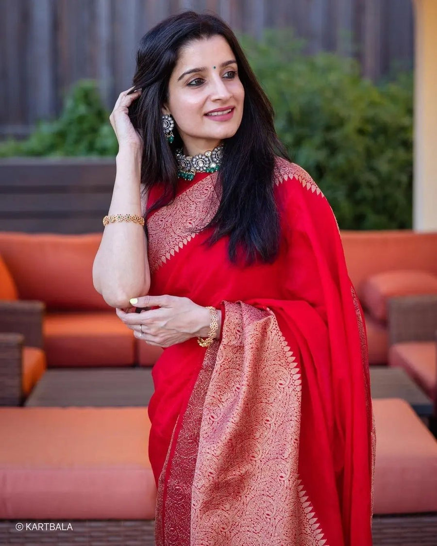 Adorning Red Soft Silk Saree With Unequalled Blouse Piece - Shop authentic Indian Women's Fashion by Silk Folks