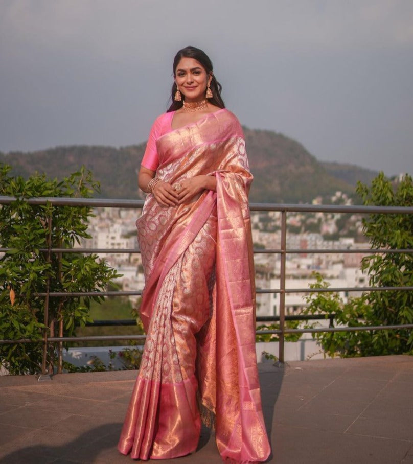 Denouement Pink Soft Banarasi Silk Saree With Impressive Blouse Piece - Shop authentic Indian Women's Fashion by Silk Folks