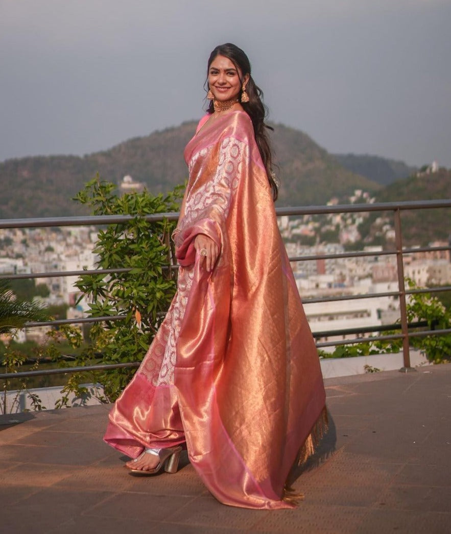 Denouement Pink Soft Banarasi Silk Saree With Impressive Blouse Piece - Shop authentic Indian Women's Fashion by Silk Folks