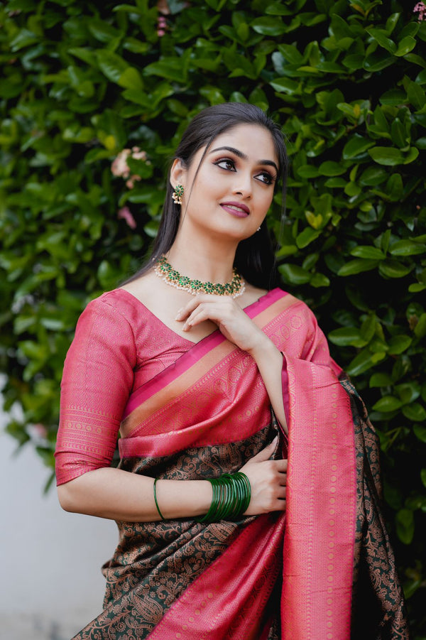 Fragrant Green Soft Banarasi Silk Saree With Artistic Blouse Piece - Shop authentic Indian Women's Fashion by Silk Folks