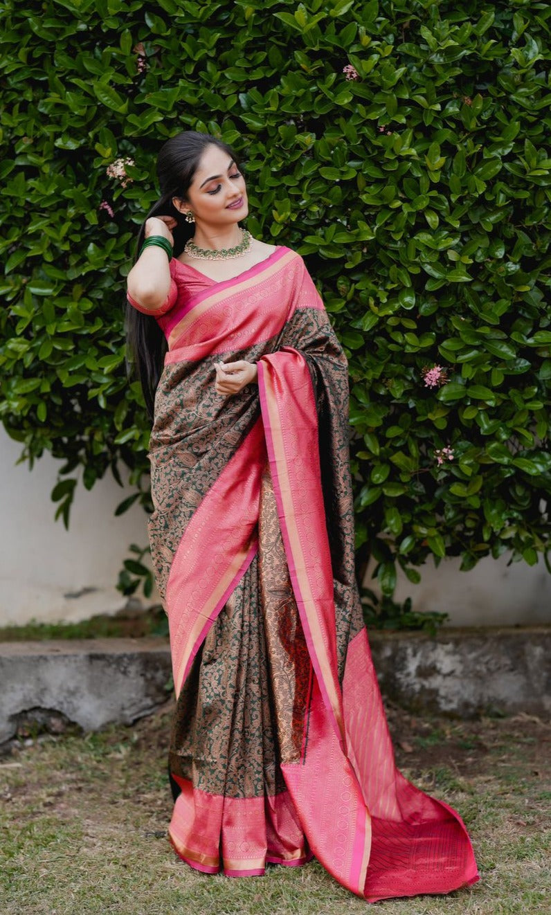 Fragrant Green Soft Banarasi Silk Saree With Artistic Blouse Piece - Shop authentic Indian Women's Fashion by Silk Folks
