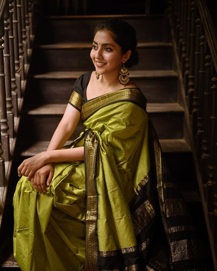 Glittering Mehndi Soft Banarasi Silk Saree With Unequalled Blouse Piec - Shop authentic Indian Women's Fashion by Silk Folks