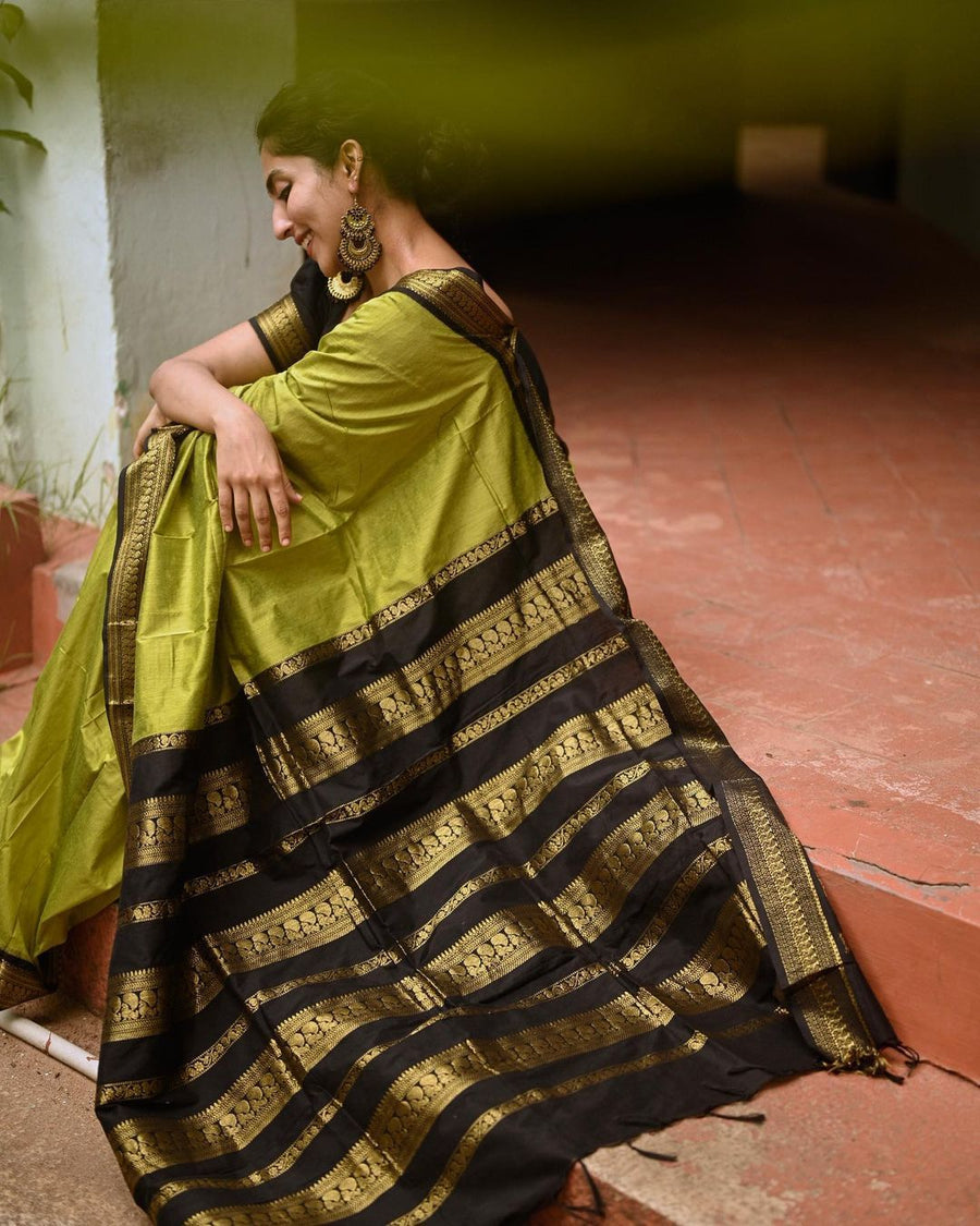 Glittering Mehndi Soft Banarasi Silk Saree With Unequalled Blouse Piec - Shop authentic Indian Women's Fashion by Silk Folks