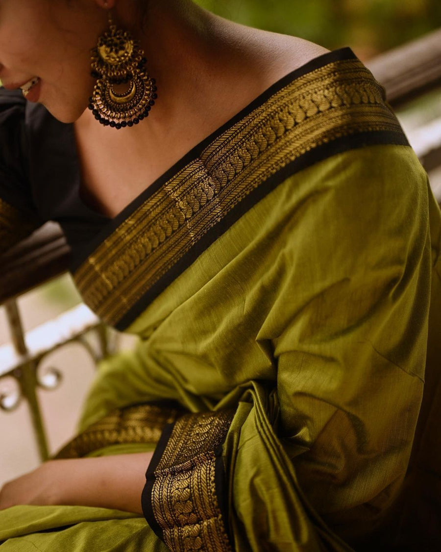 Glittering Mehndi Soft Banarasi Silk Saree With Unequalled Blouse Piec - Shop authentic Indian Women's Fashion by Silk Folks