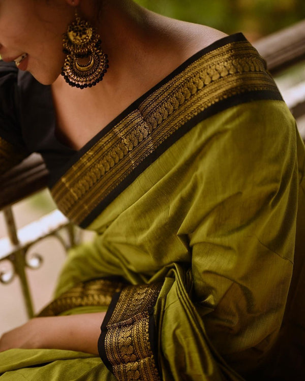 Glittering Mehndi Soft Banarasi Silk Saree With Unequalled Blouse Piec - Shop authentic Indian Women's Fashion by Silk Folks