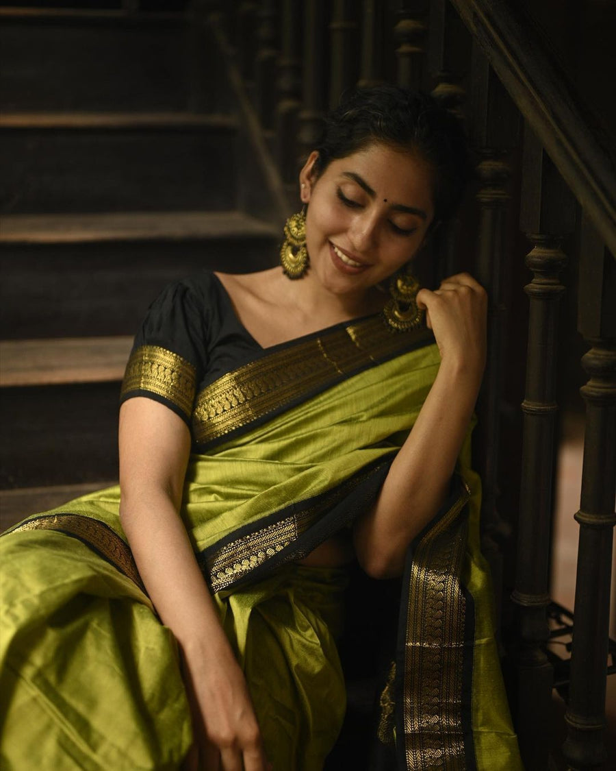 Glittering Mehndi Soft Banarasi Silk Saree With Unequalled Blouse Piec - Shop authentic Indian Women's Fashion by Silk Folks