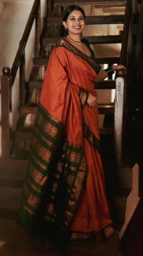 Prominent Orange Soft Banarasi Silk Saree With Flamboyant Blouse Piece - Shop authentic Indian Women's Fashion by Silk Folks