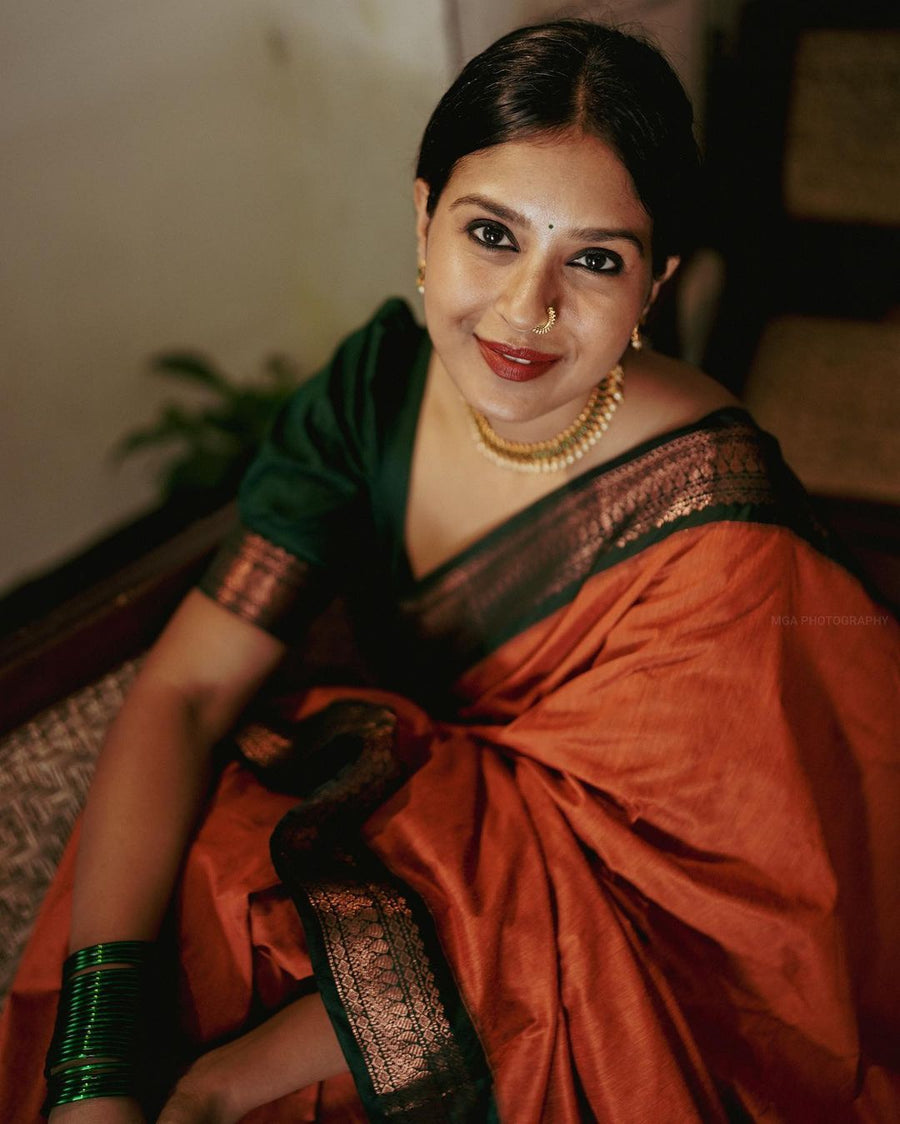 Prominent Orange Soft Banarasi Silk Saree With Flamboyant Blouse Piece - Shop authentic Indian Women's Fashion by Silk Folks