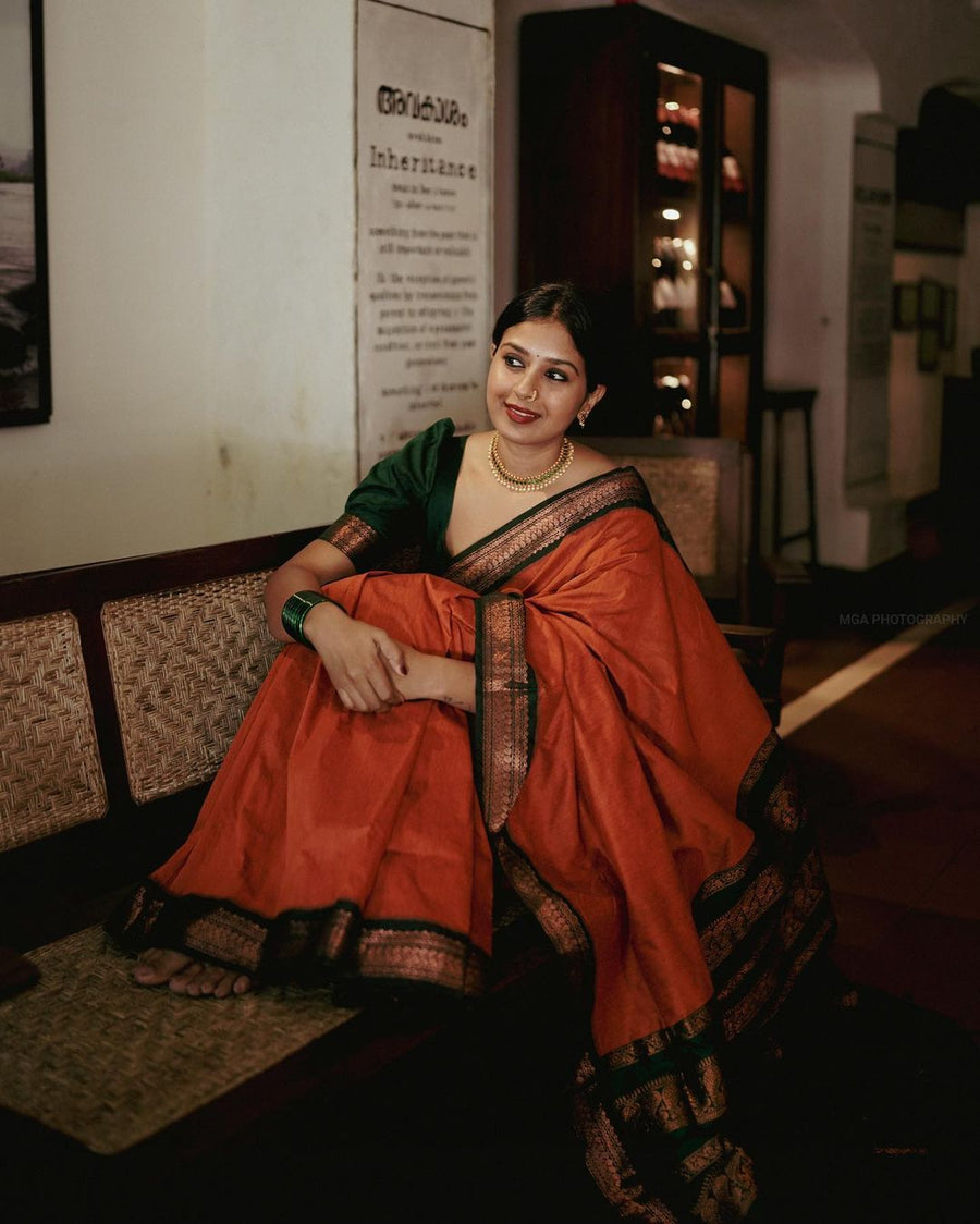 Prominent Orange Soft Banarasi Silk Saree With Flamboyant Blouse Piece - Shop authentic Indian Women's Fashion by Silk Folks