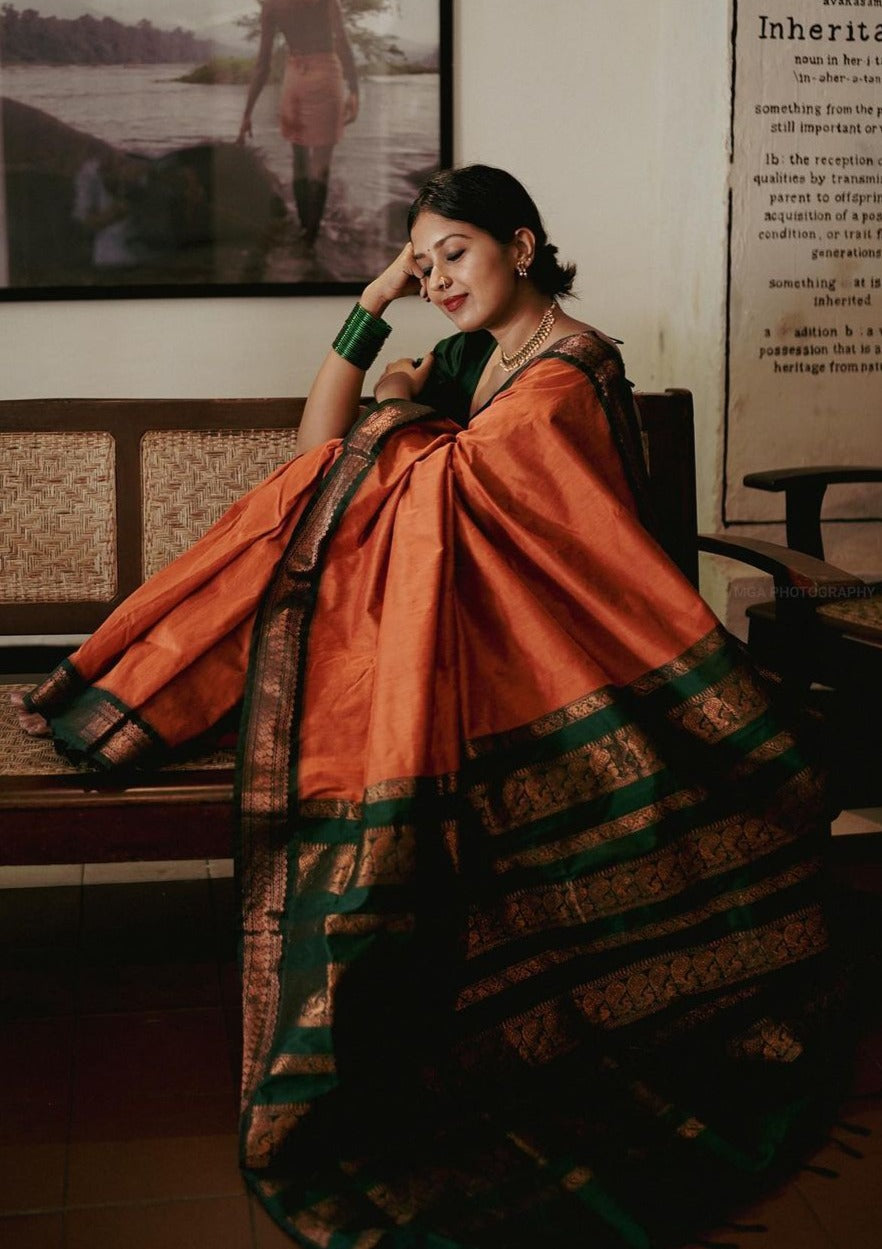 Prominent Orange Soft Banarasi Silk Saree With Flamboyant Blouse Piece - Shop authentic Indian Women's Fashion by Silk Folks