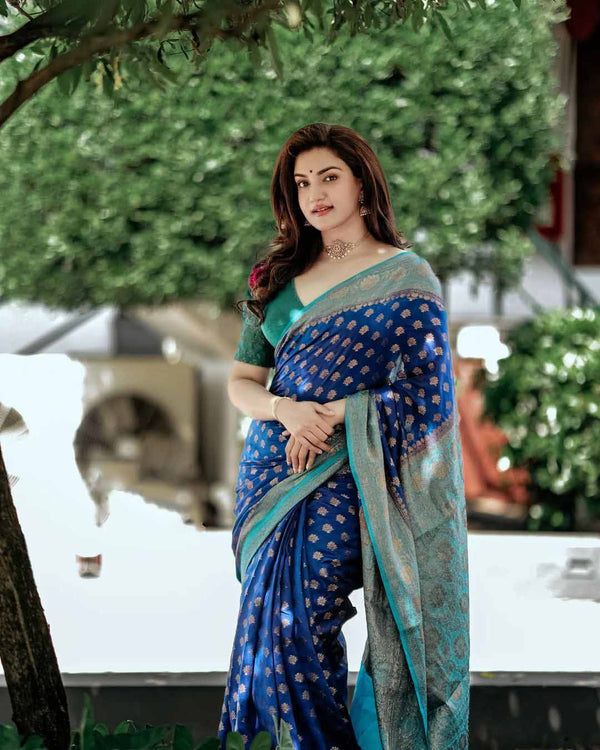 Delightful Blue Soft Banarasi Silk Saree With Prettiest Blouse Piece - Shop authentic Indian Women's Fashion by Silk Folks