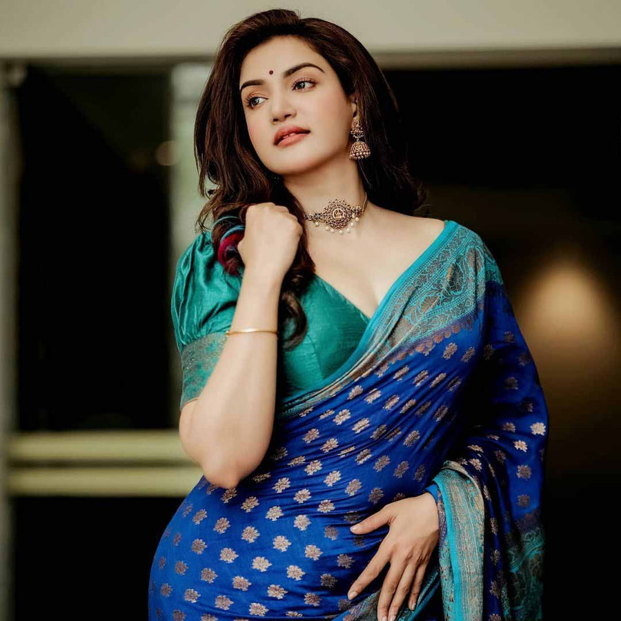 Delightful Blue Soft Banarasi Silk Saree With Prettiest Blouse Piece - Shop authentic Indian Women's Fashion by Silk Folks