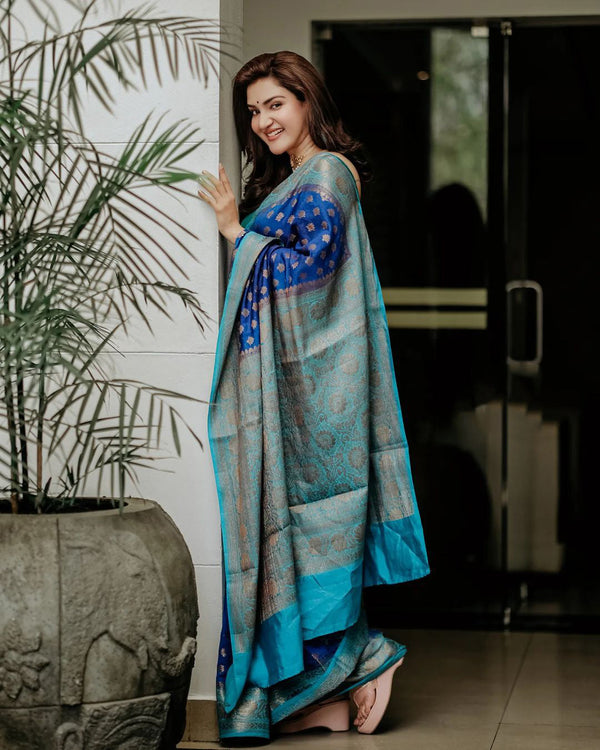 Delightful Blue Soft Banarasi Silk Saree With Prettiest Blouse Piece - Shop authentic Indian Women's Fashion by Silk Folks