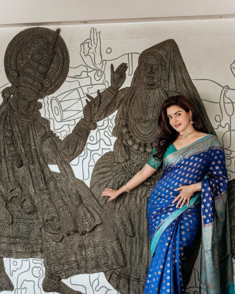 Delightful Blue Soft Banarasi Silk Saree With Prettiest Blouse Piece - Shop authentic Indian Women's Fashion by Silk Folks