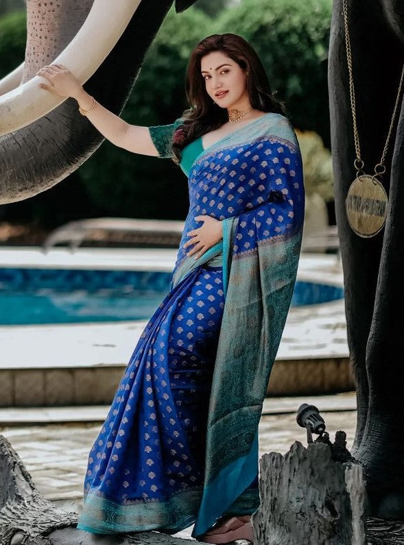 Delightful Blue Soft Banarasi Silk Saree With Prettiest Blouse Piece - Shop authentic Indian Women's Fashion by Silk Folks