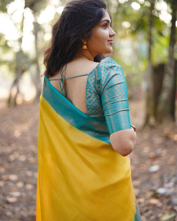 Inspiring Yellow Soft Silk Saree With Fairytale Blouse Piece - Shop authentic Indian Women's Fashion by Silk Folks