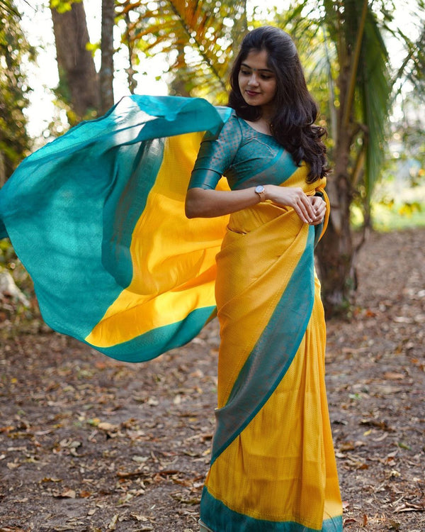 Inspiring Yellow Soft Silk Saree With Fairytale Blouse Piece - Shop authentic Indian Women's Fashion by Silk Folks