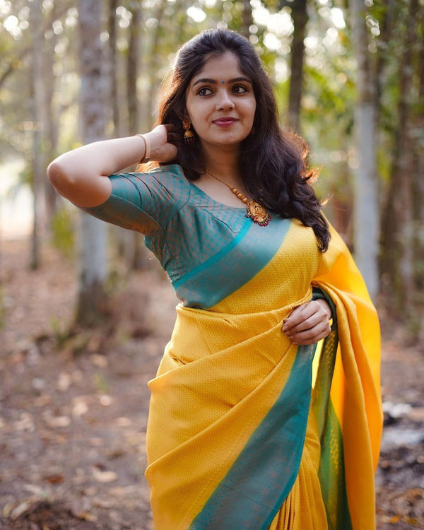 Inspiring Yellow Soft Silk Saree With Fairytale Blouse Piece - Shop authentic Indian Women's Fashion by Silk Folks