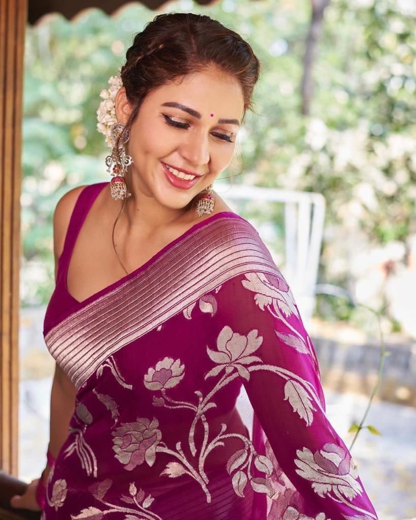 Lassitude Purple Banarasi Silk Saree With Lovely Blouse Piece - Shop authentic Indian Women's Fashion by Silk Folks