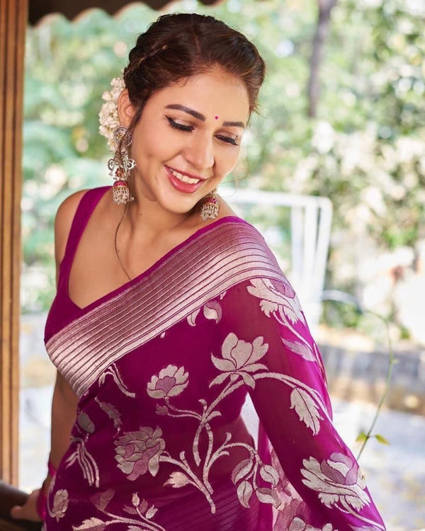 Lassitude Purple Banarasi Silk Saree With Lovely Blouse Piece - Shop authentic Indian Women's Fashion by Silk Folks
