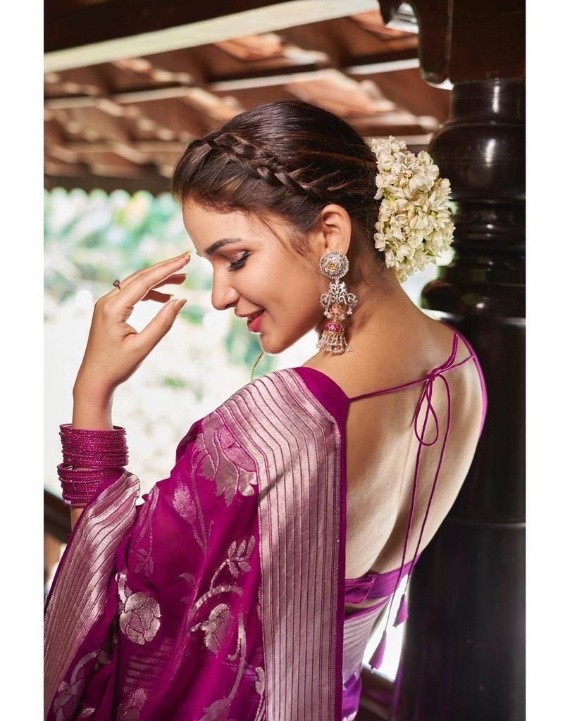 Lassitude Purple Banarasi Silk Saree With Lovely Blouse Piece - Shop authentic Indian Women's Fashion by Silk Folks