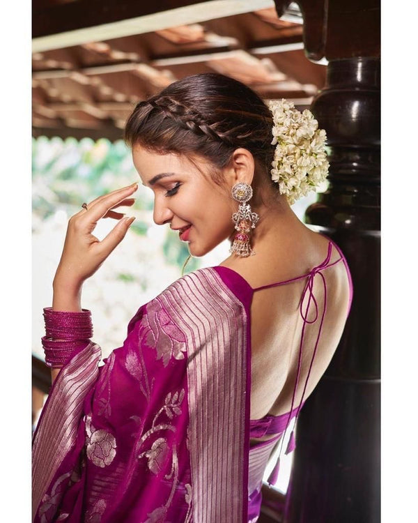 Lassitude Purple Banarasi Silk Saree With Lovely Blouse Piece - Shop authentic Indian Women's Fashion by Silk Folks