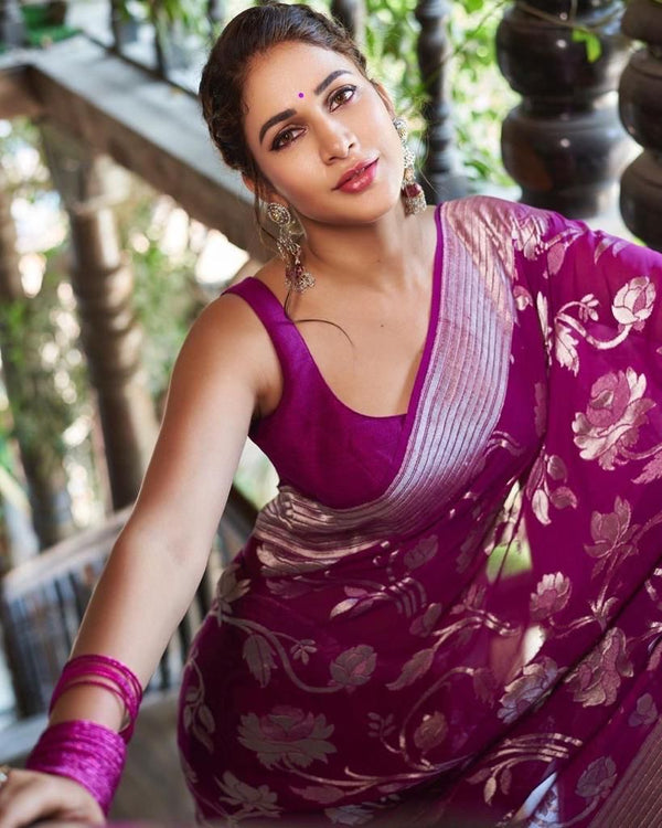 Lassitude Purple Banarasi Silk Saree With Lovely Blouse Piece - Shop authentic Indian Women's Fashion by Silk Folks
