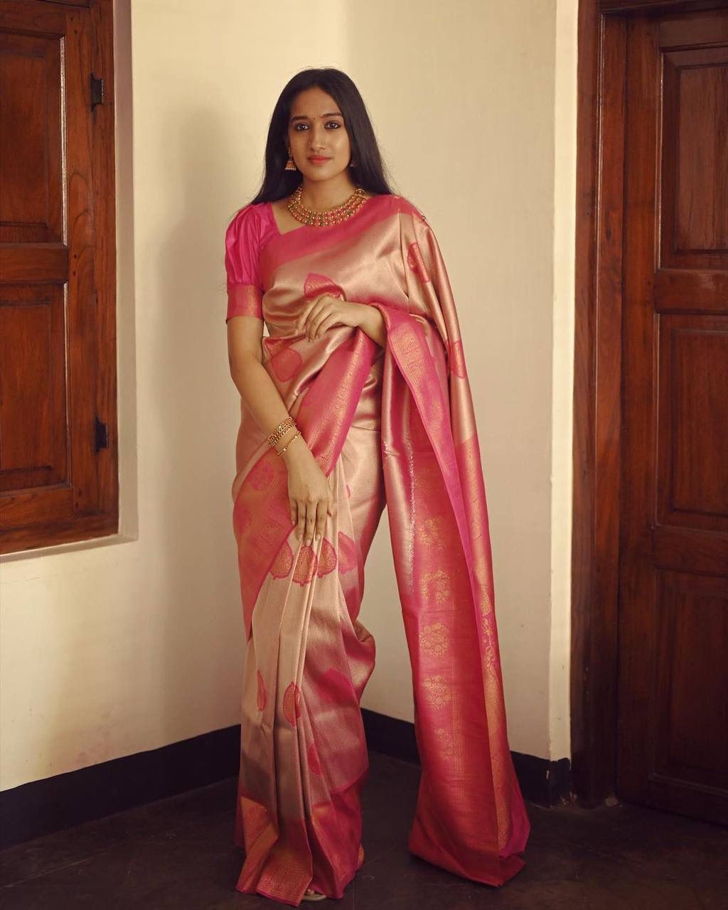 Flattering Peach Soft Silk Saree With Unique Blouse Piece - Shop authentic Indian Women's Fashion by Silk Folks