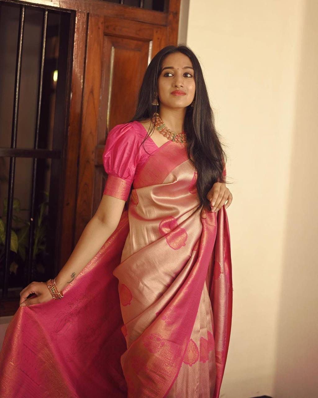 Flattering Peach Soft Silk Saree With Unique Blouse Piece - Shop authentic Indian Women's Fashion by Silk Folks