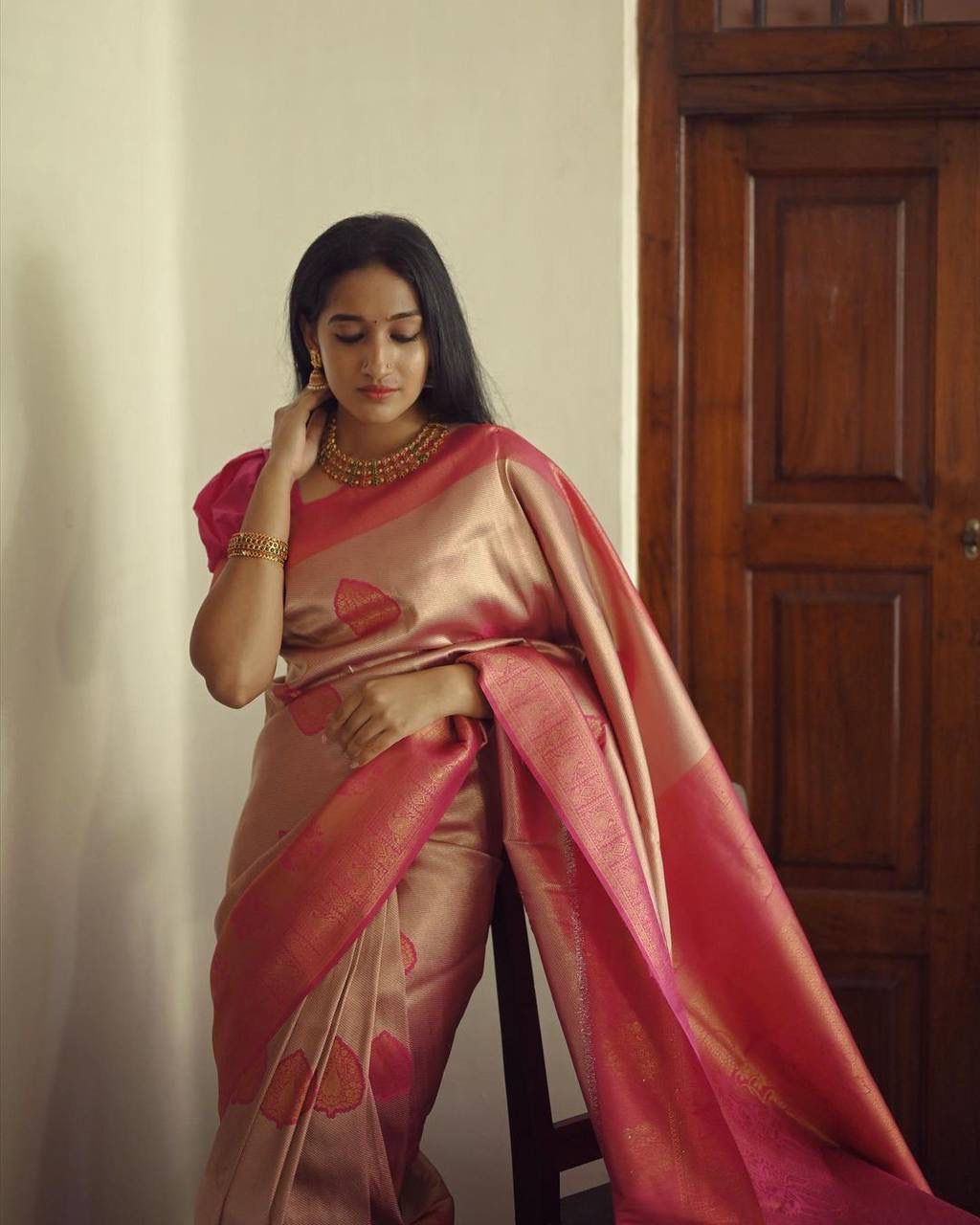 Flattering Peach Soft Silk Saree With Unique Blouse Piece - Shop authentic Indian Women's Fashion by Silk Folks