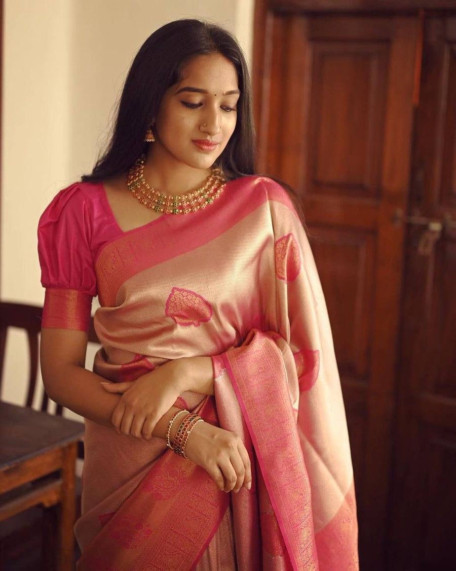 Flattering Peach Soft Silk Saree With Unique Blouse Piece - Shop authentic Indian Women's Fashion by Silk Folks