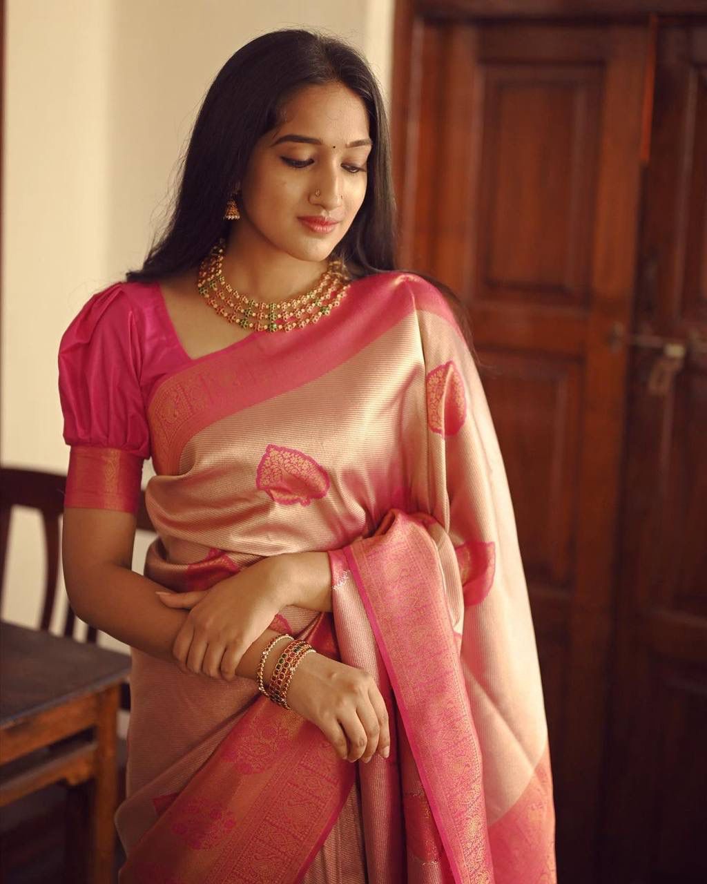 Flattering Peach Soft Silk Saree With Unique Blouse Piece - Shop authentic Indian Women's Fashion by Silk Folks