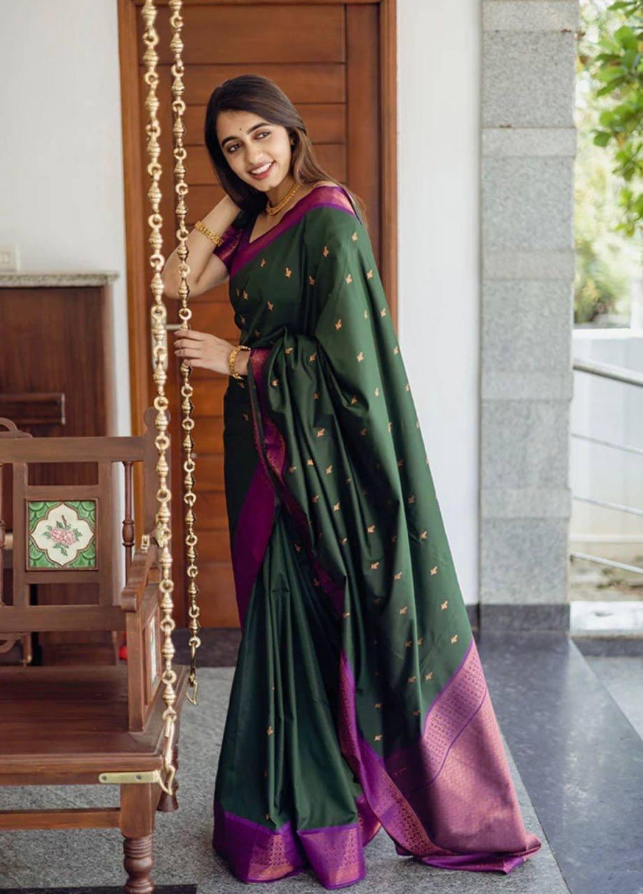 Incredible GreenÂ Soft Silk Saree With Energetic Blouse Piece - Shop authentic Indian Women's Fashion by Silk Folks