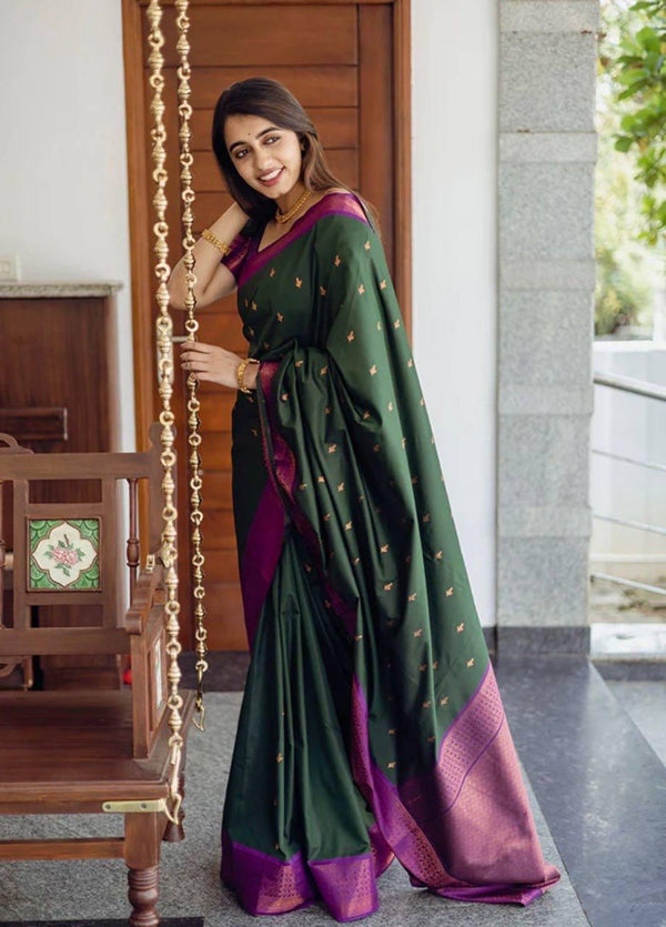 Incredible GreenÂ Soft Silk Saree With Energetic Blouse Piece - Shop authentic Indian Women's Fashion by Silk Folks