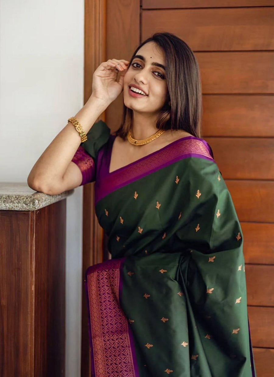 Incredible GreenÂ Soft Silk Saree With Energetic Blouse Piece - Shop authentic Indian Women's Fashion by Silk Folks