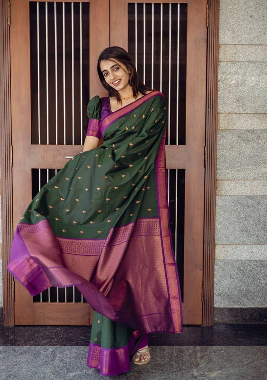 Incredible GreenÂ Soft Silk Saree With Energetic Blouse Piece - Shop authentic Indian Women's Fashion by Silk Folks