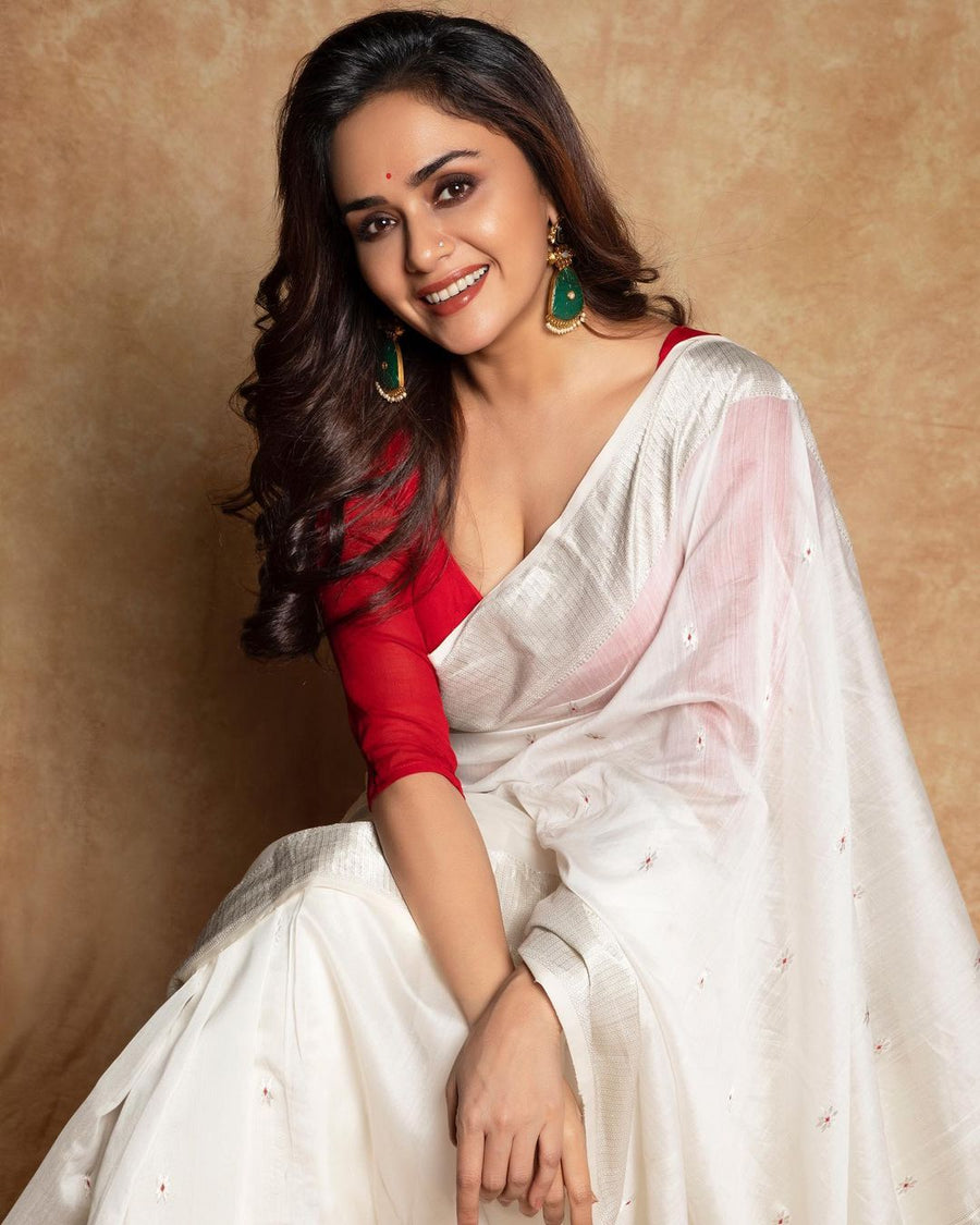 Eloquence White Linen Silk Saree With Prodigal Blouse Piece - Shop authentic Indian Women's Fashion by Silk Folks
