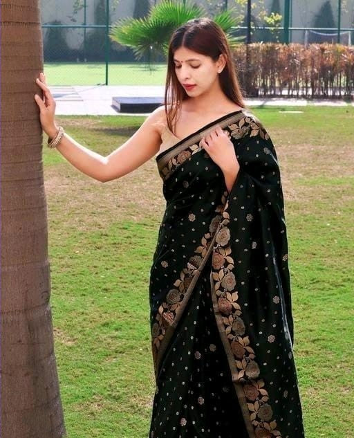 Dissemble Black Soft Banarasi Silk Saree With Lagniappe Blouse Piece - Shop authentic Indian Women's Fashion by Silk Folks