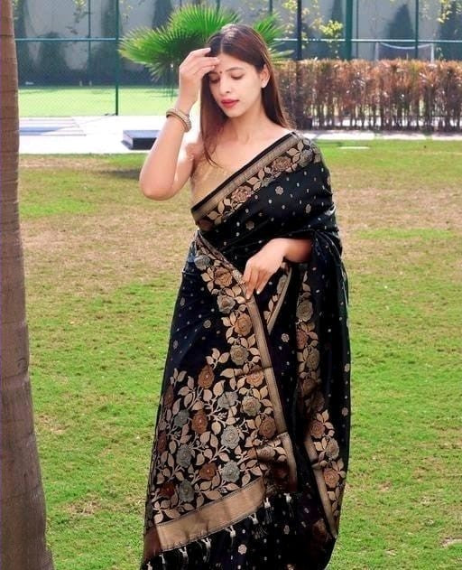 Dissemble Black Soft Banarasi Silk Saree With Lagniappe Blouse Piece - Shop authentic Indian Women's Fashion by Silk Folks