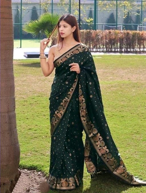 Embrocation Dark Green Soft Banarasi Silk Saree With Elision Blouse Pi - Shop authentic Indian Women's Fashion by Silk Folks