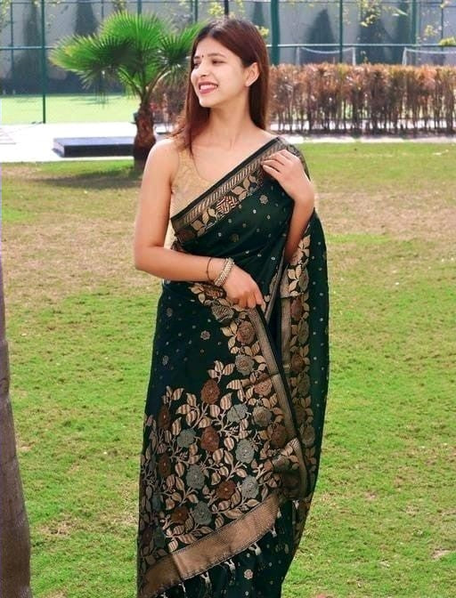 Embrocation Dark Green Soft Banarasi Silk Saree With Elision Blouse Pi - Shop authentic Indian Women's Fashion by Silk Folks