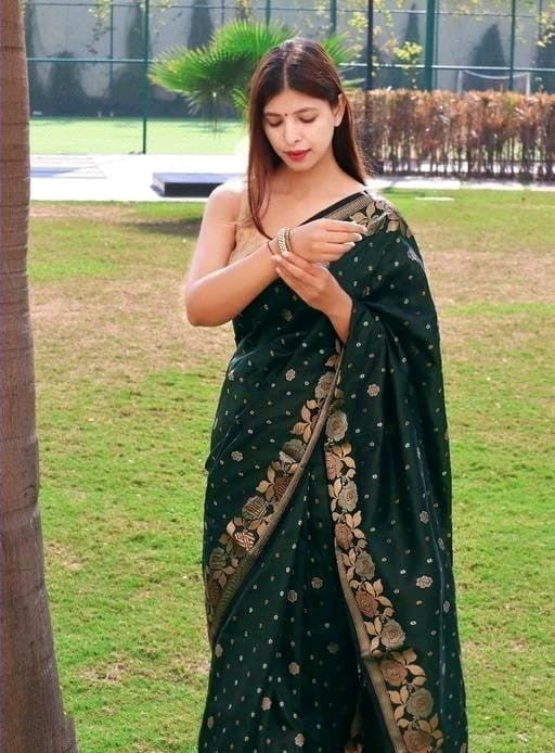 Embrocation Dark Green Soft Banarasi Silk Saree With Elision Blouse Pi - Shop authentic Indian Women's Fashion by Silk Folks