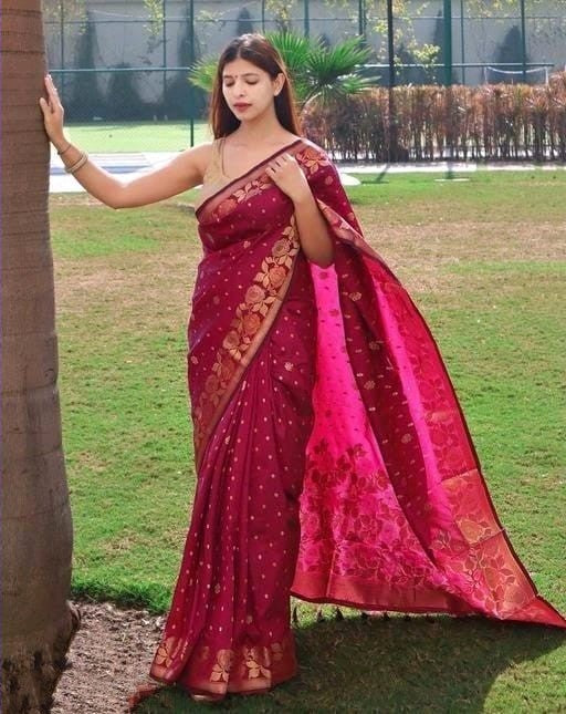 Mellifluous Dark Pink Soft Banarasi Silk Saree With Beleaguer Blouse P - Shop authentic Indian Women's Fashion by Silk Folks