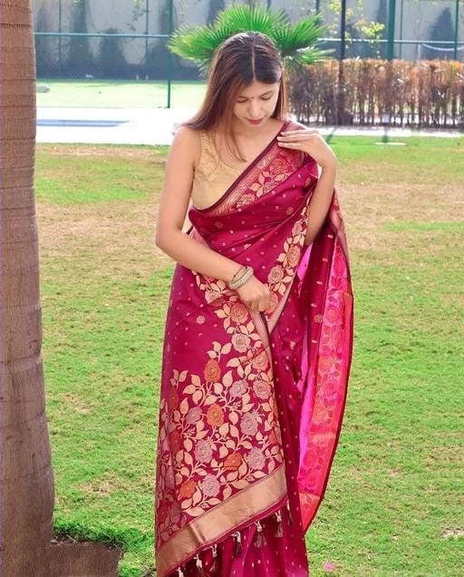 Mellifluous Dark Pink Soft Banarasi Silk Saree With Beleaguer Blouse P - Shop authentic Indian Women's Fashion by Silk Folks
