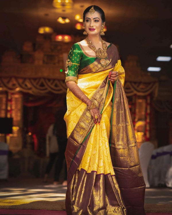 Incomparable Yellow Soft Banarasi Silk Saree With Flamboyant Blouse Pi - Shop authentic Indian Women's Fashion by Silk Folks