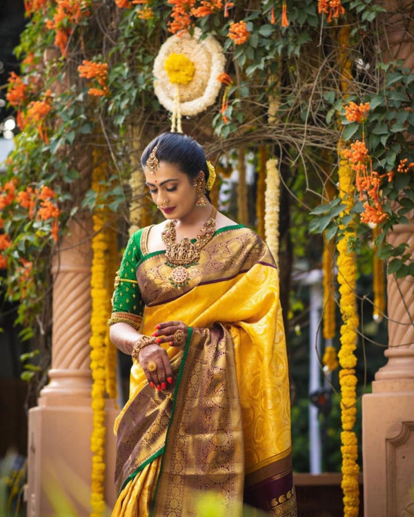 Incomparable Yellow Soft Banarasi Silk Saree With Flamboyant Blouse Pi - Shop authentic Indian Women's Fashion by Silk Folks