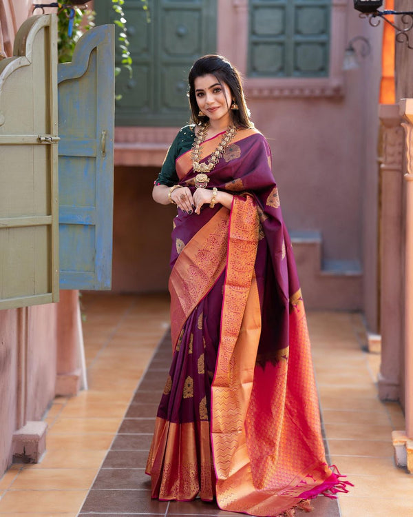 Incredible Wine Soft Banarasi Silk Saree With Adorable Blouse Piece - Shop authentic Indian Women's Fashion by Silk Folks