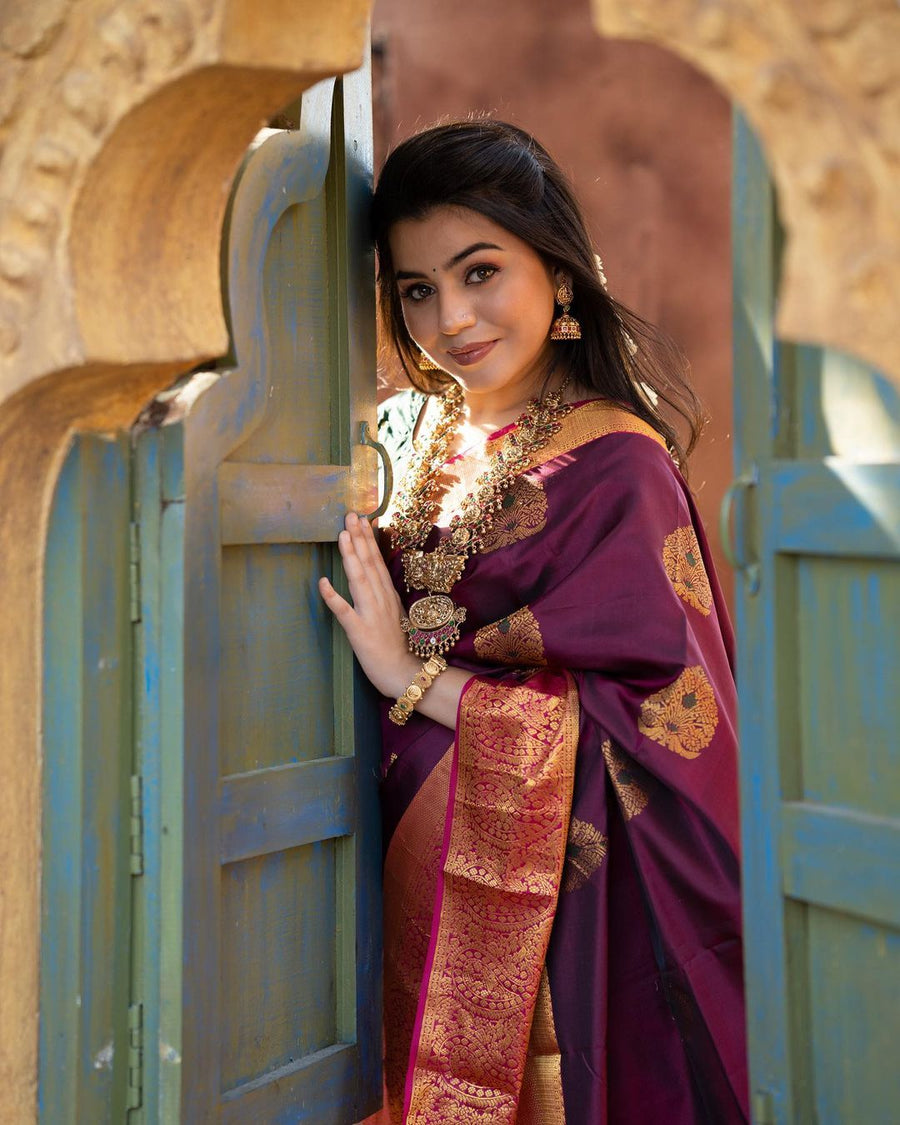 Incredible Wine Soft Banarasi Silk Saree With Adorable Blouse Piece - Shop authentic Indian Women's Fashion by Silk Folks