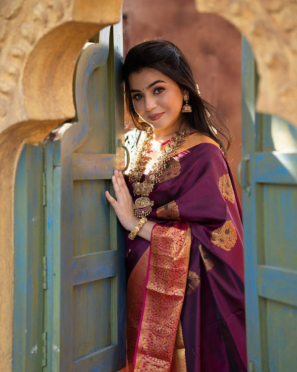 Incredible Wine Soft Banarasi Silk Saree With Adorable Blouse Piece - Shop authentic Indian Women's Fashion by Silk Folks