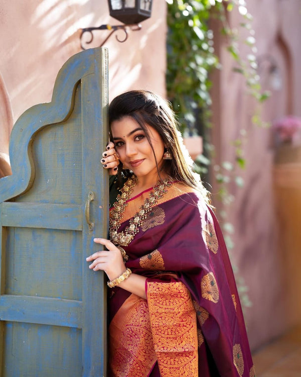 Incredible Wine Soft Banarasi Silk Saree With Adorable Blouse Piece - Shop authentic Indian Women's Fashion by Silk Folks
